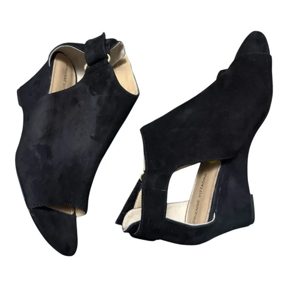 Adrienne Vittadini NELO Open Heel/ Toe Black suede, wedge heel size 9
